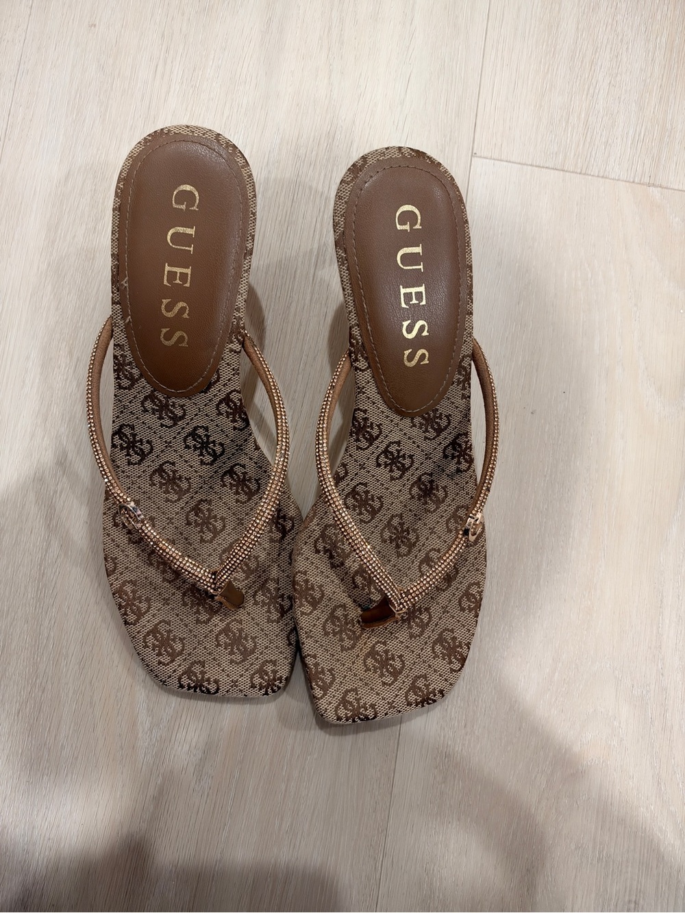 GUESS Brown Monogram Thong Sandals with Metallic Trim
